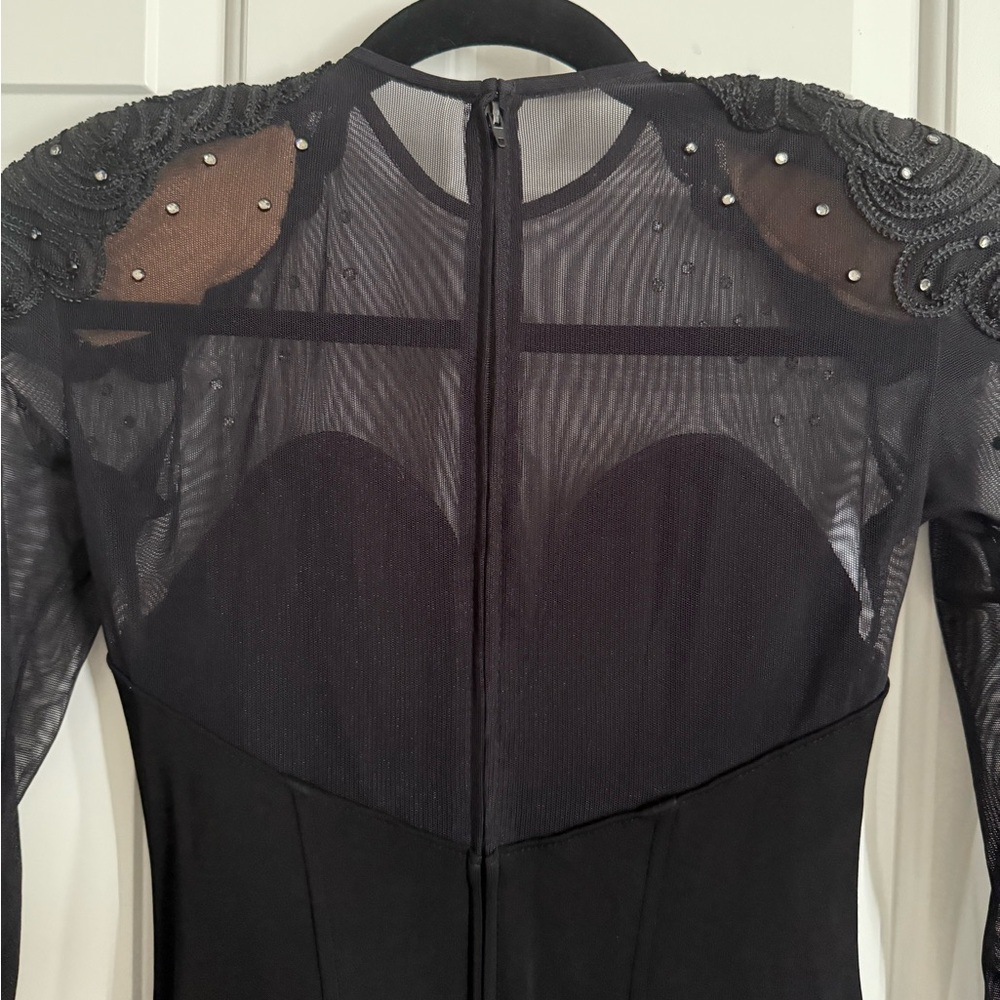 Vintage Tadashi Black Sheer Mesh Sleeves Beaded Shoulder Bodycon Dress Size XS–S - Picture 6 of 8